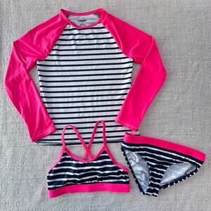 Lands' End 3pc Pink & Navy Swimsuit & Rash Guard Set VGUC 8